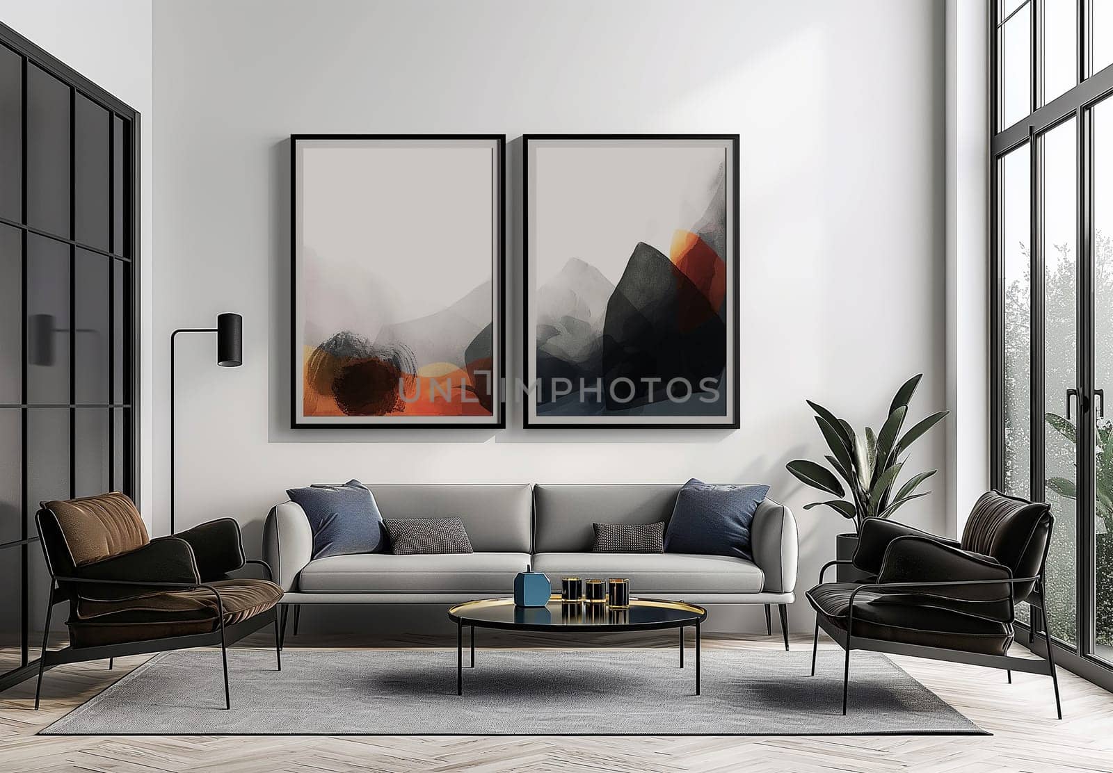 Modern living room interior design with abstract paintings, comfortable sofa, and elegant decor