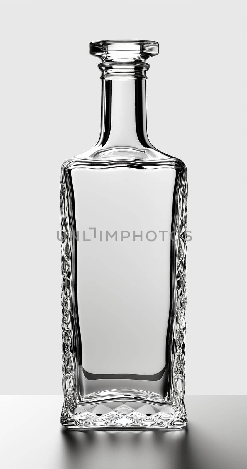 Elegant transparent crystal carafe, ornate empty glass decanter with intricate pattern design