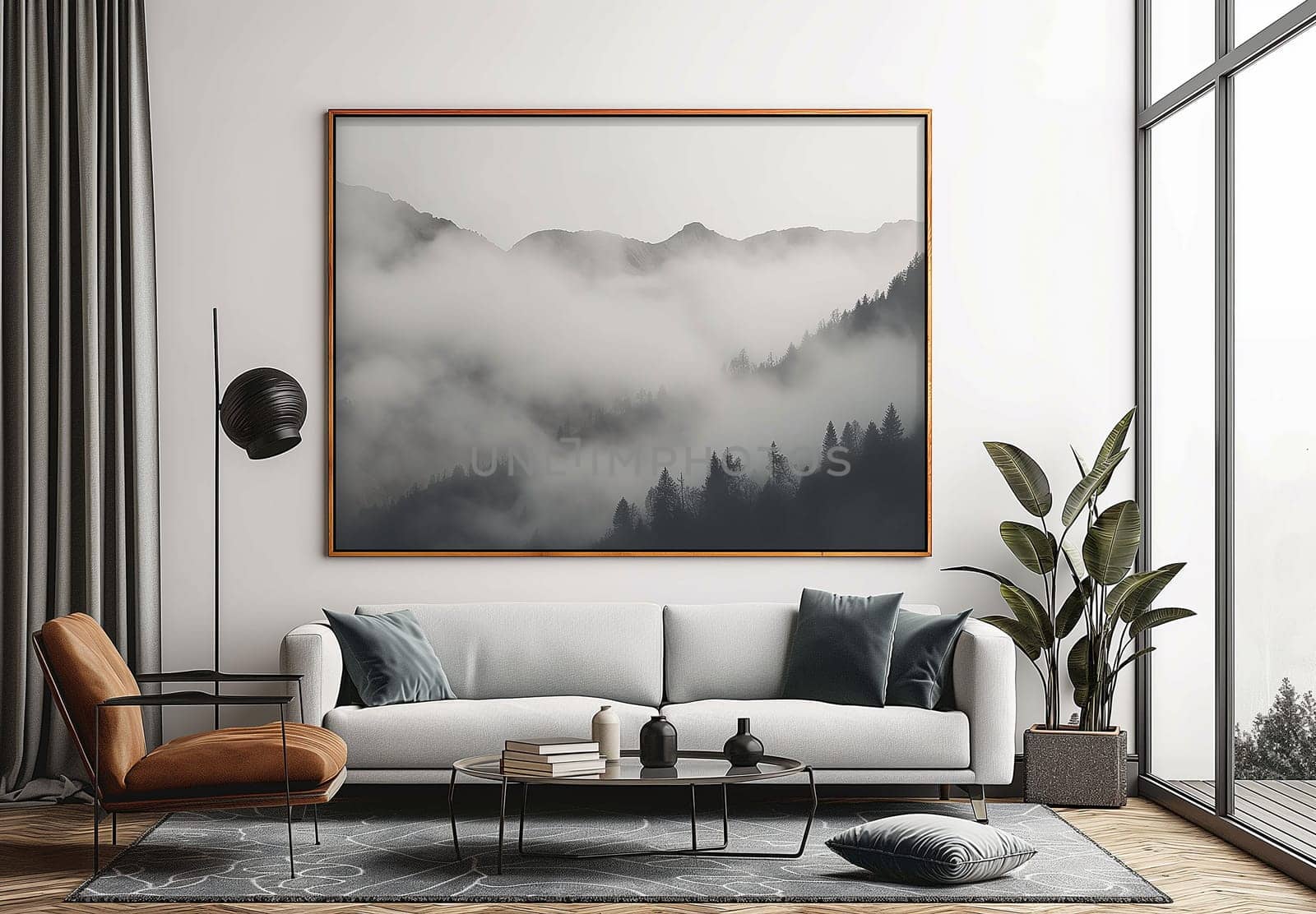 Modern living room showcasing fog-covered mountains and forest scenery with minimalist decor