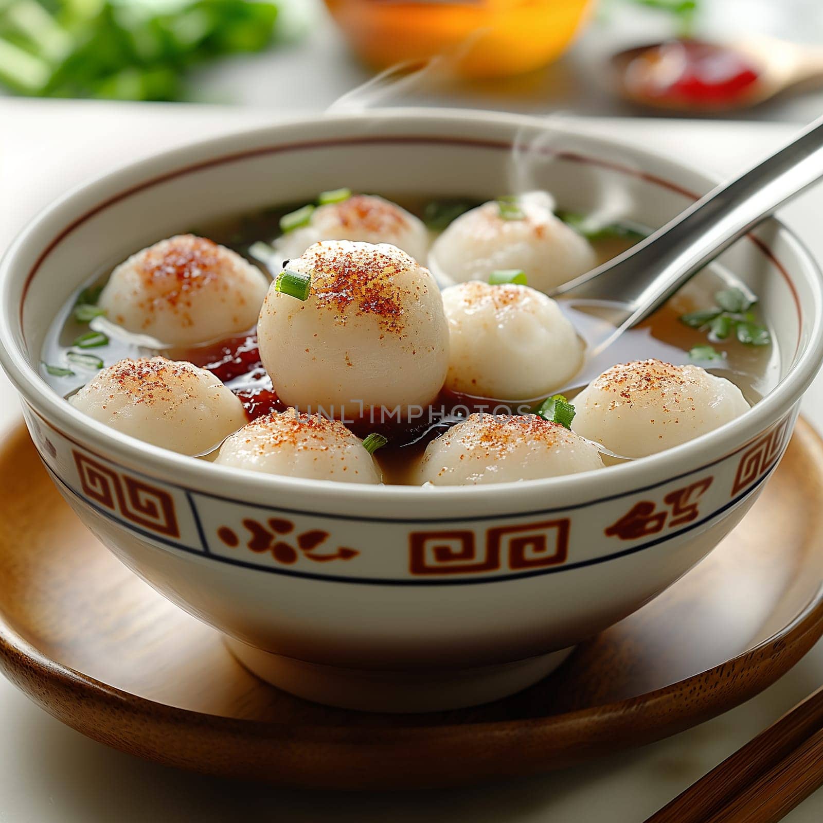 Asian Soup Bowl with Steaming Fish Dumplings and Garnish, Served with Chopsticks