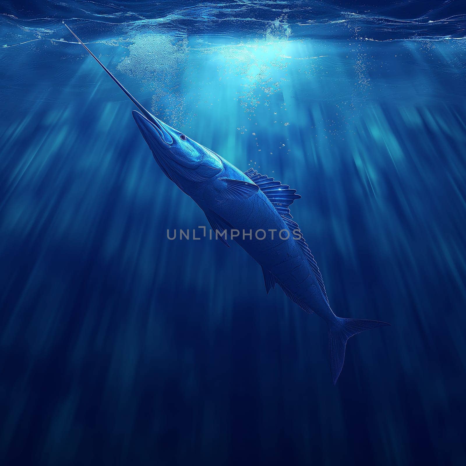 Marlin fish swimming underwater in the blue ocean with sunlight, depicting nature and marine wildlife