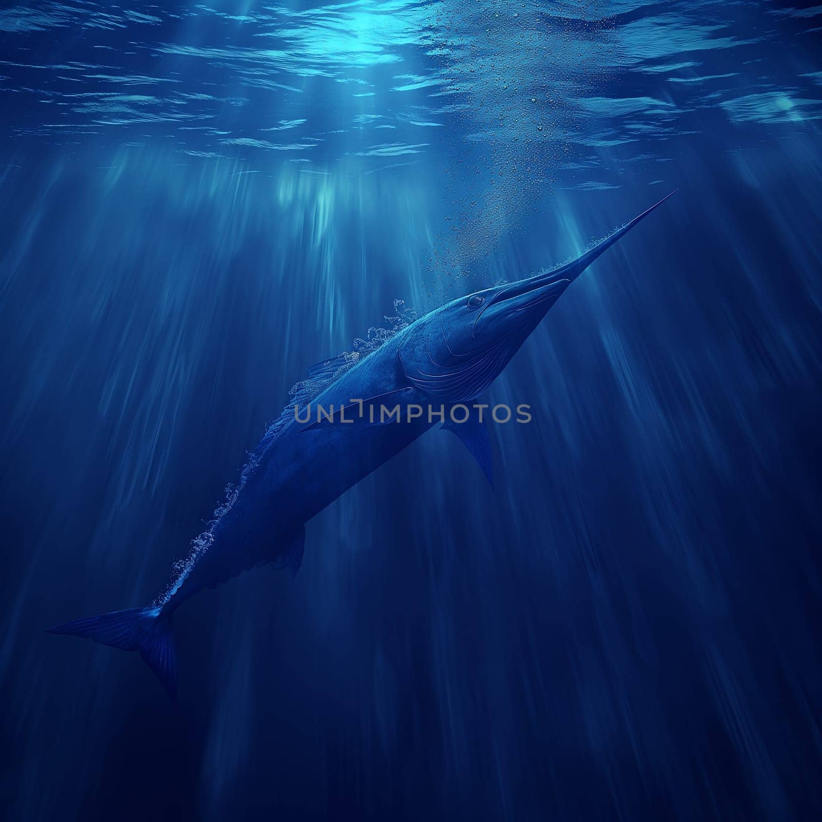 Majestic marlin swimming underwater in the deep blue ocean, showcasing marine wildlife and sea life