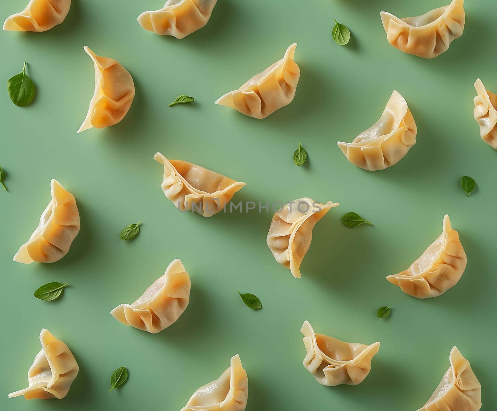 Delicious dumplings arranged on green background with herbs, perfect for Asian cuisine art