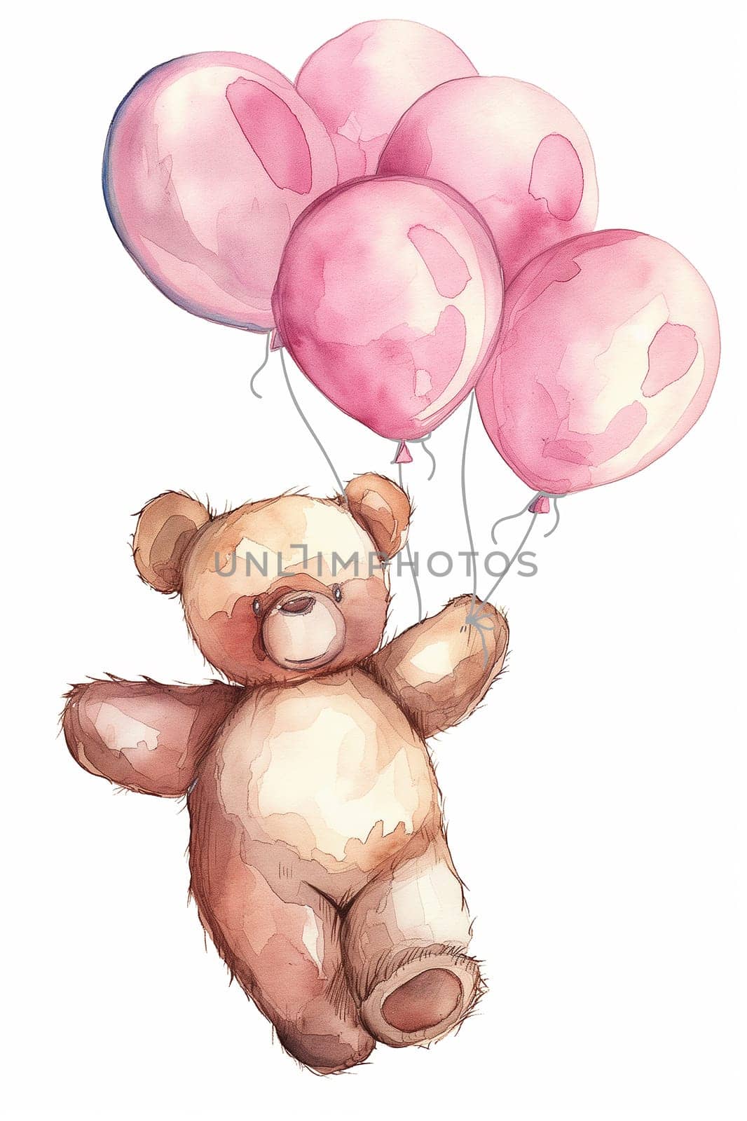 Cute teddy bear illustration with pink balloons floating in the sky, perfect for children's art