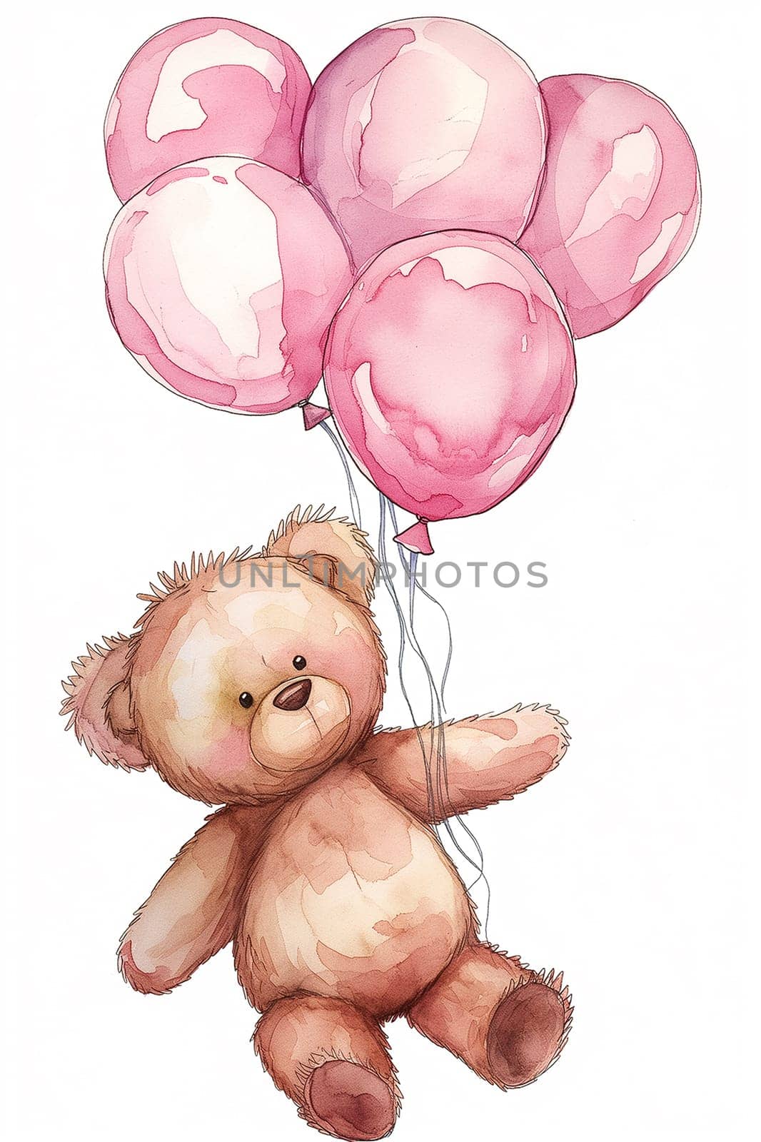 Cute teddy bear with pink balloons floating in the sky - adorable watercolor cartoon illustration