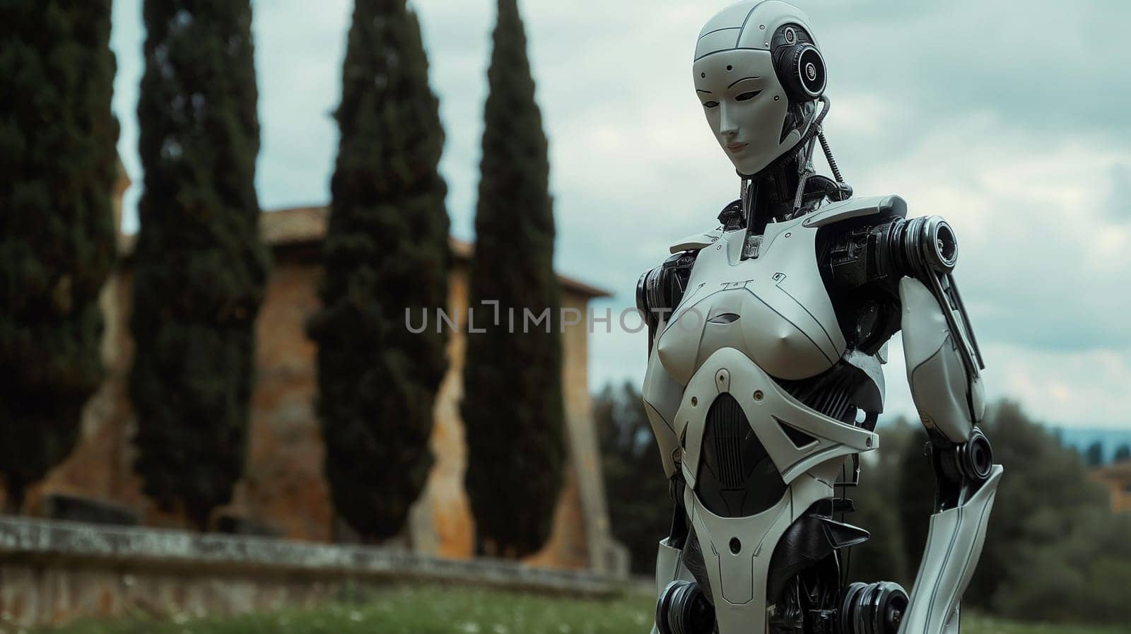 Android robot standing outdoors in nature with trees and architecture showcasing advanced technology