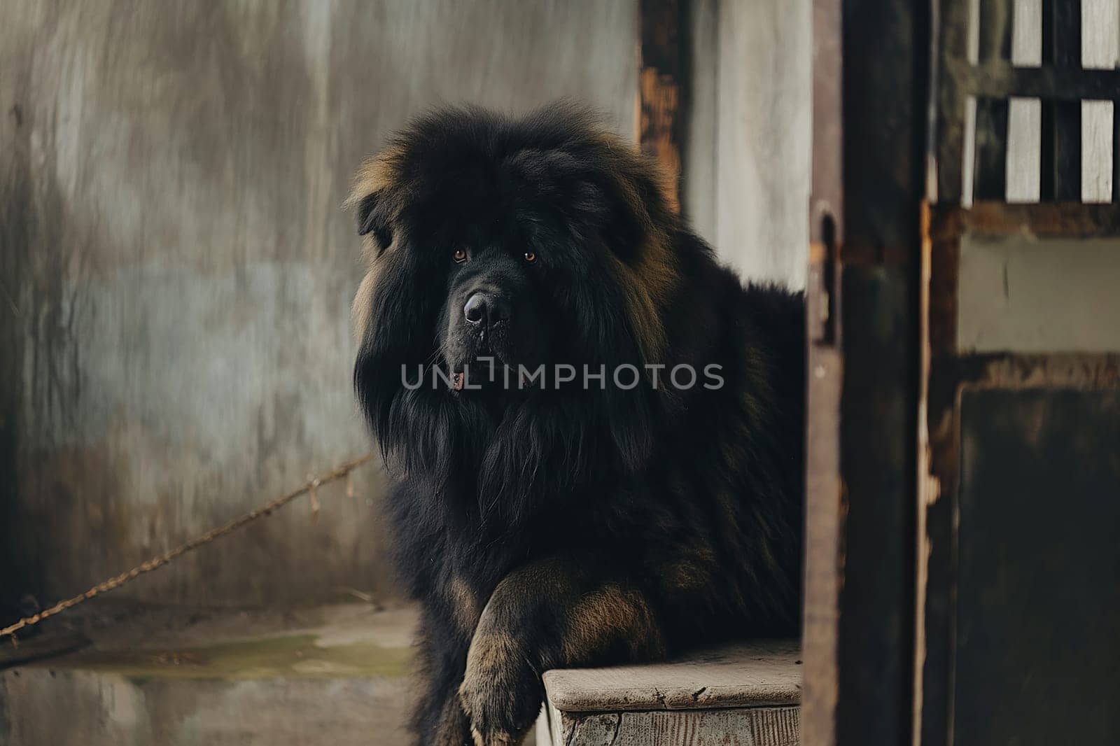Majestic black Tibetan Mastiff dog sitting indoors with fluffy fur and chain, portrait of a loyal pet