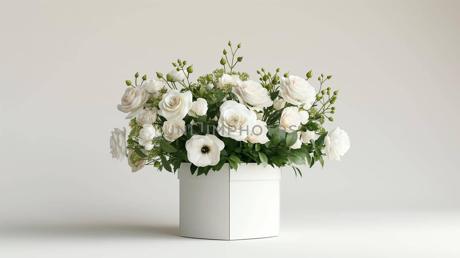 Elegant white roses and delicate flowers bouquet in a box with lush greenery