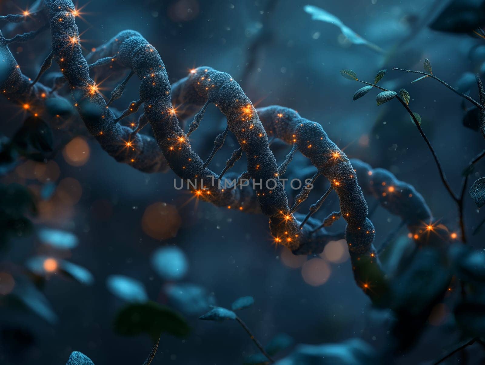 Glowing DNA helix with blue background and leaves, closeup science macro shot showing genetic structure