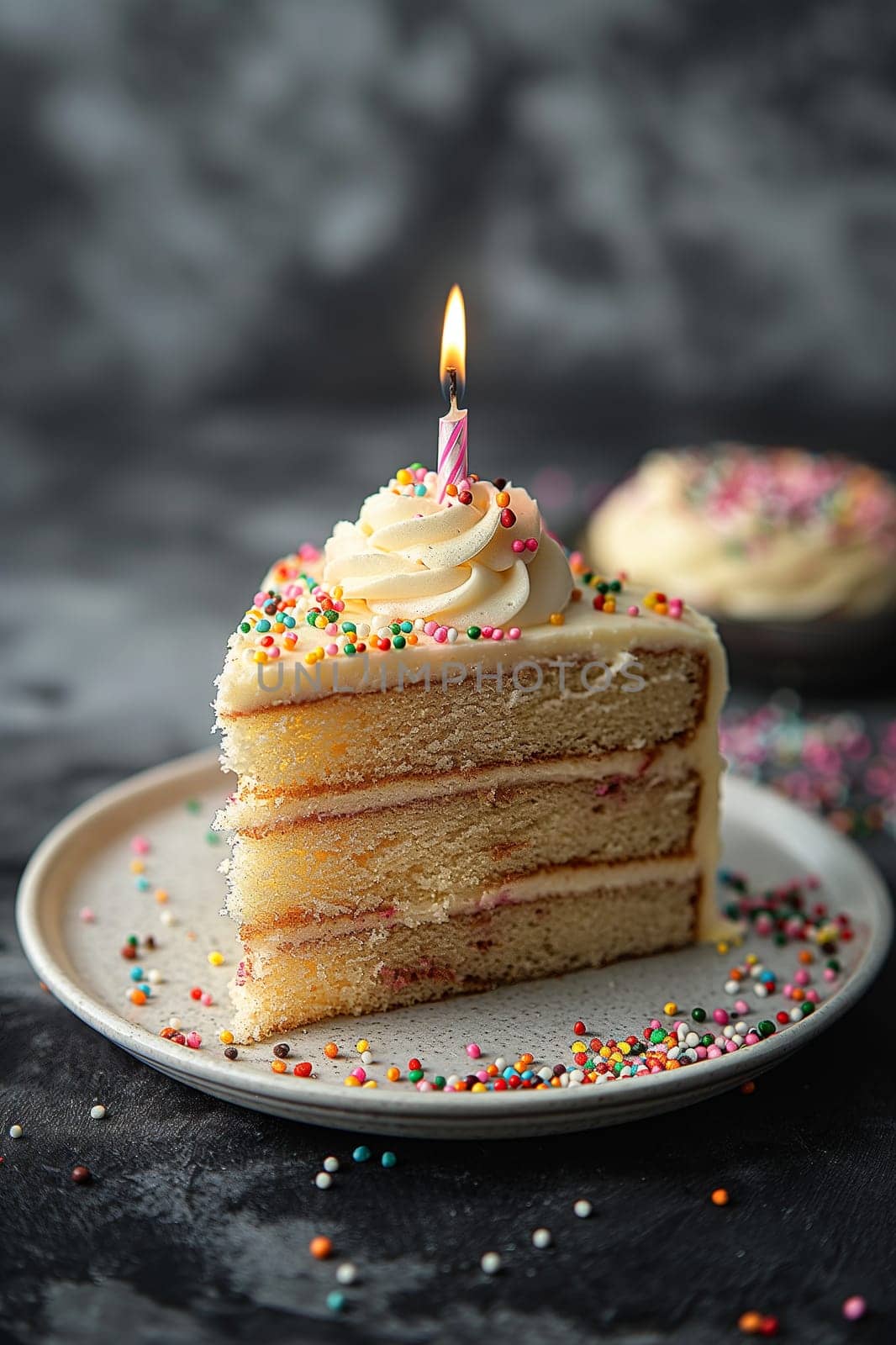 Beautiful slice of birthday cake with candle, sprinkles, and frosting perfect for celebration images