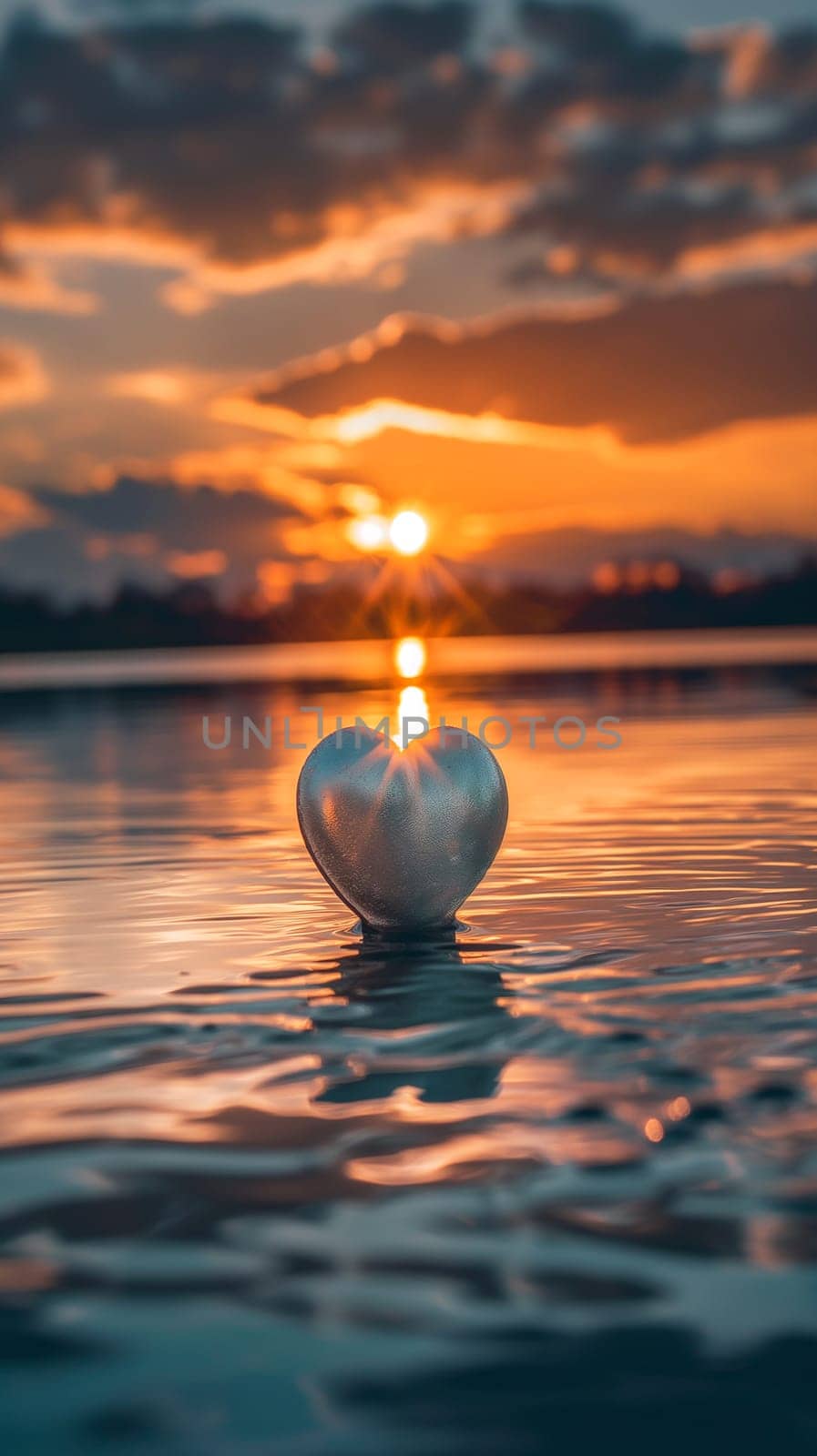Heart reflection at sunset over a serene lake with a romantic and peaceful glow in the water