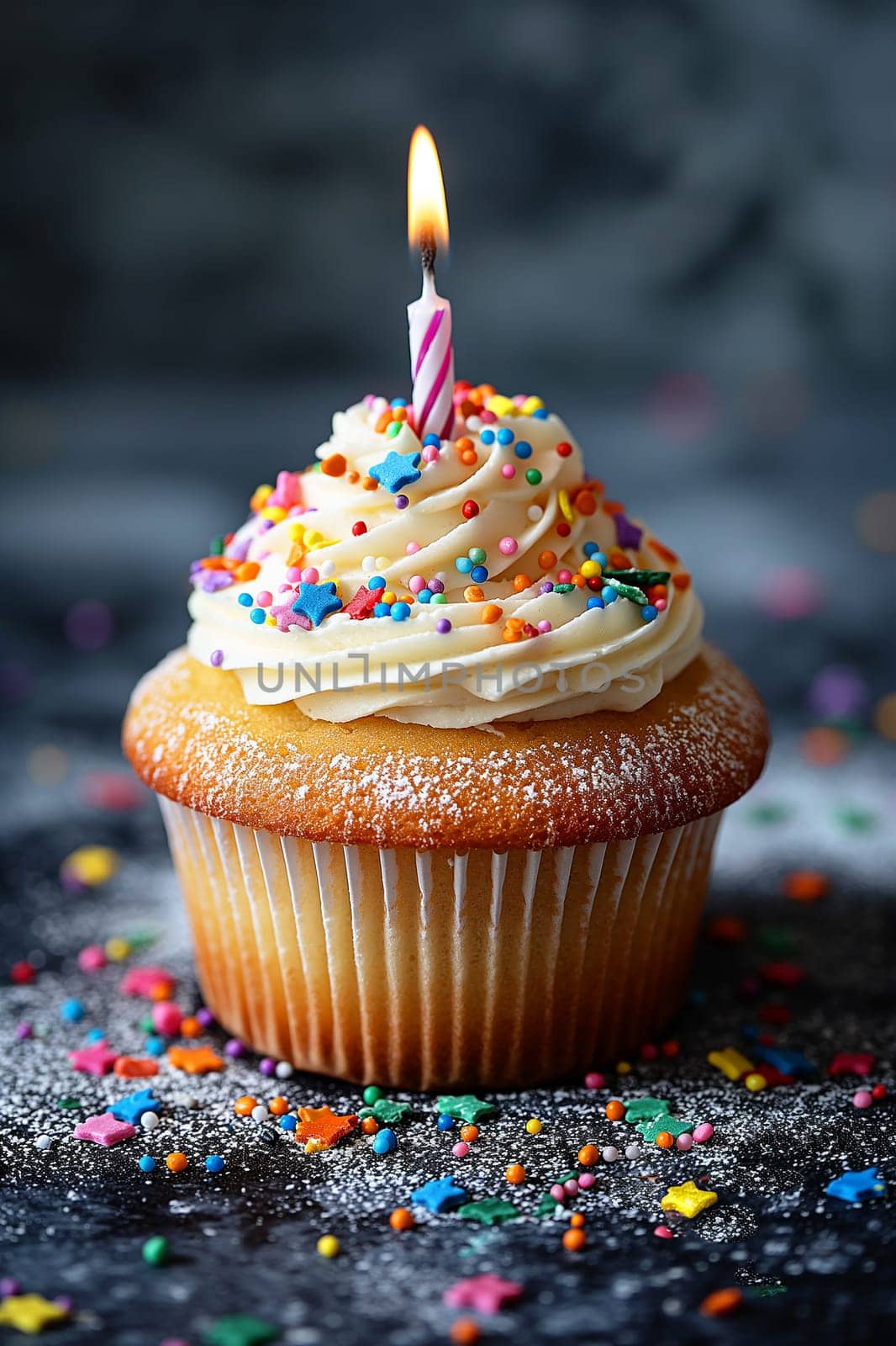 Colorful birthday cupcake with frosting, sprinkles, and a candle, perfect for a celebration treat