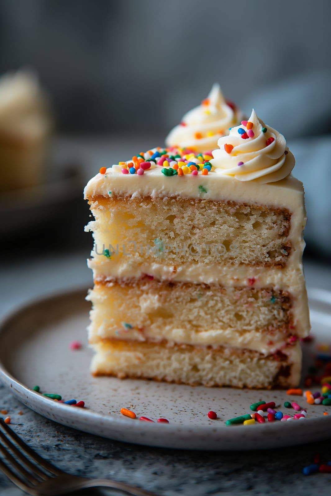 Delicious slice of vanilla cake with buttercream frosting and colorful sprinkles on a plate