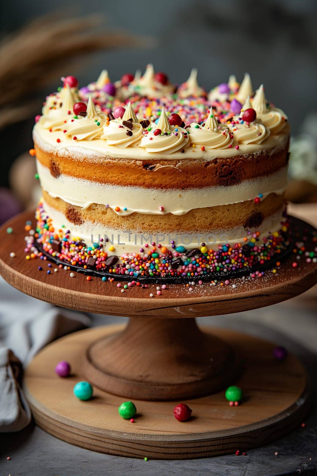 Delicious birthday cake with colorful frosting, sprinkles, and layers perfect for a celebration party