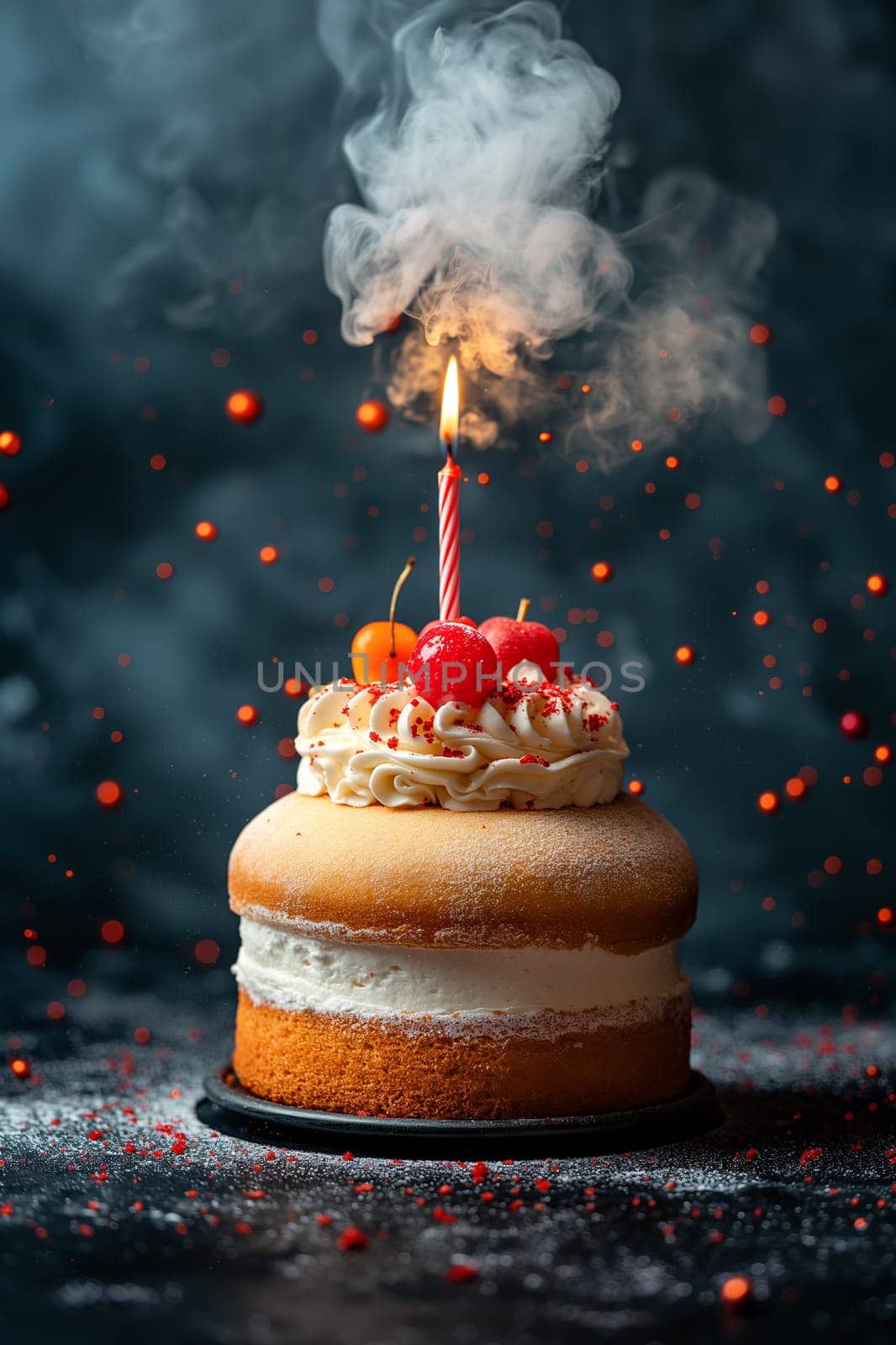 Birthday cake with candle, cream, cherry, and smoke, perfect for a celebration or dessert image