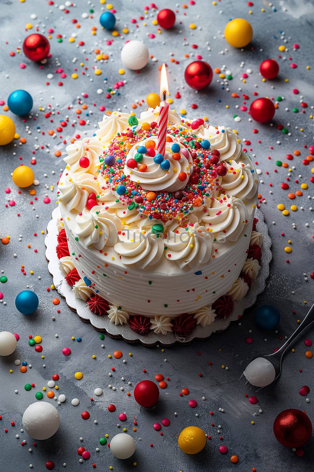 A delicious birthday cake with a candle, sprinkles, and colorful icing, ideal for party celebrations.