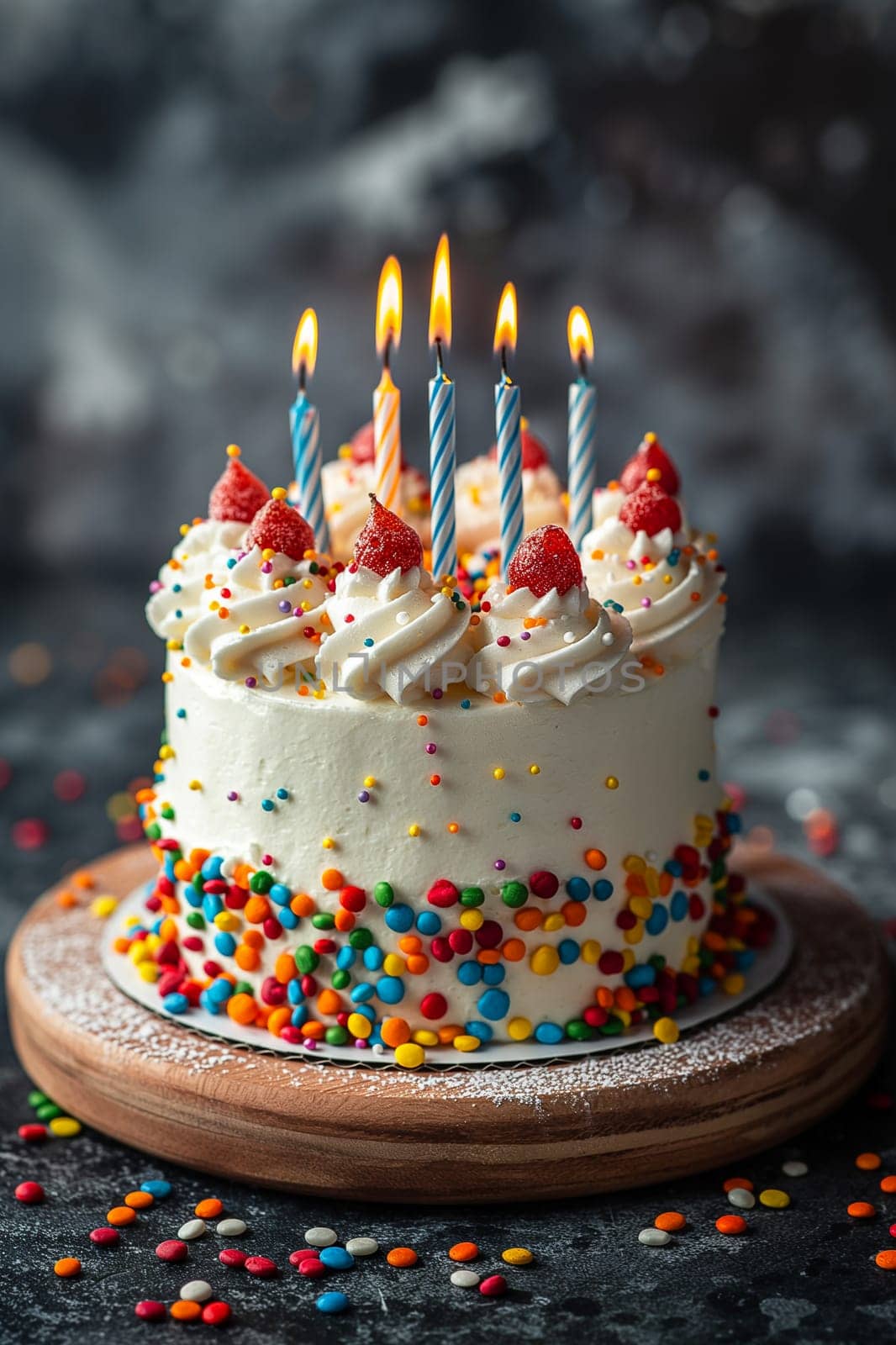 Festive birthday cake with candles, sprinkles, strawberries and more for a party celebration