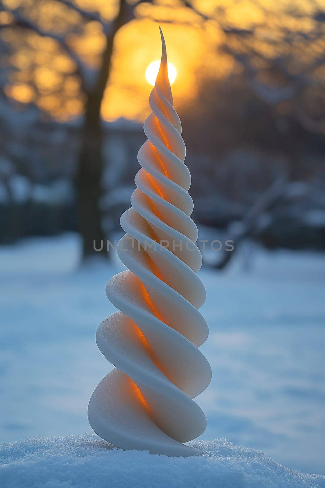 Snow spiral ice sculpture during sunset in a winter outdoor setting with sunlight and nature