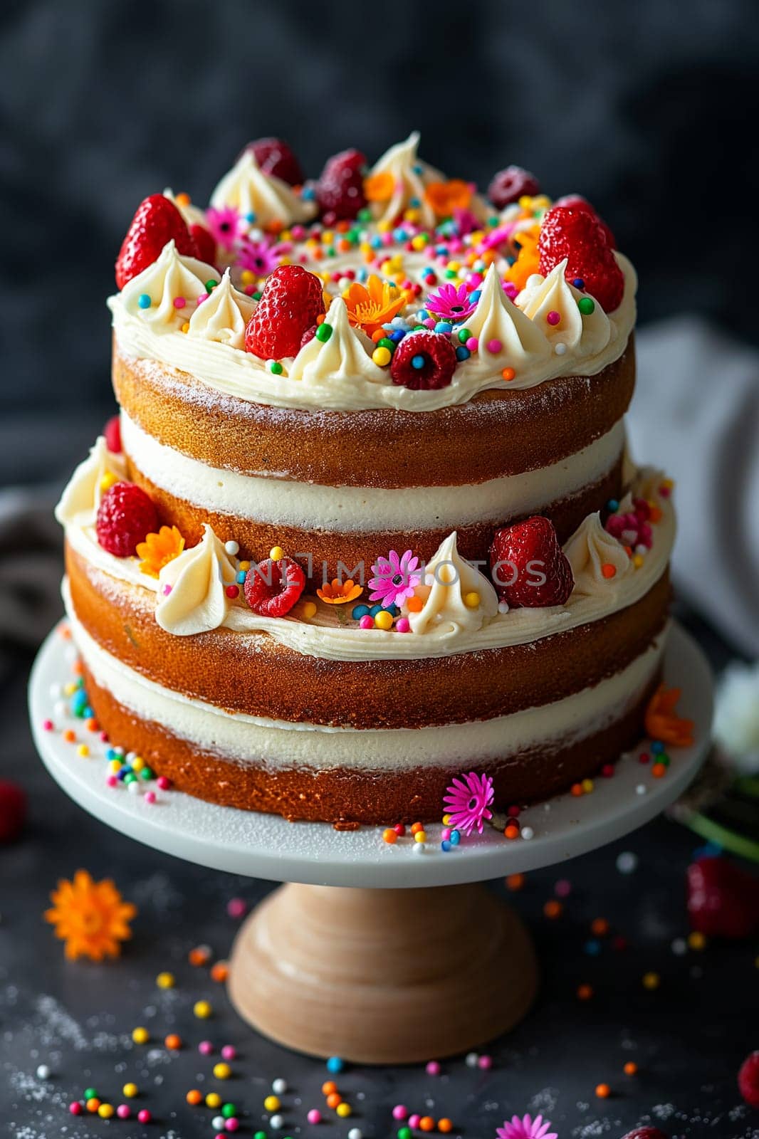 Colorful birthday cake with strawberry frosting and vibrant sprinkles for a decorated celebration