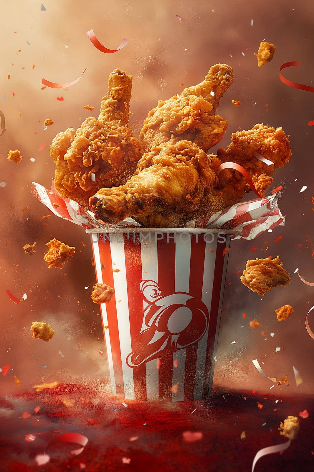 Delicious crispy fried chicken drumsticks in a bucket of golden food.