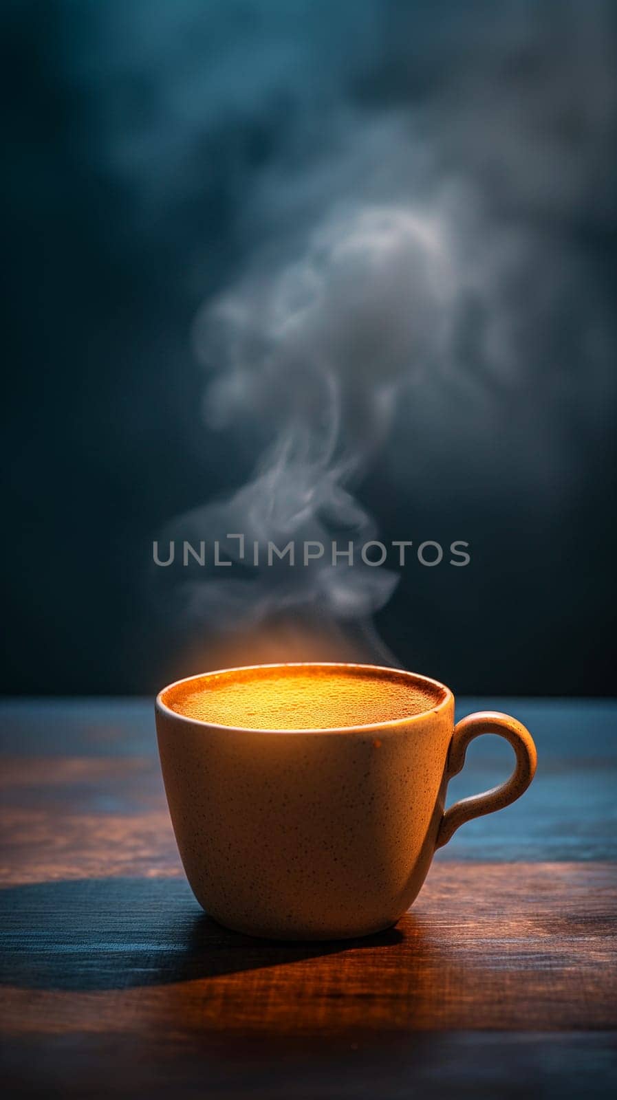 Hot coffee mug with steam rising, warm aroma fills the morning air on a wooden table