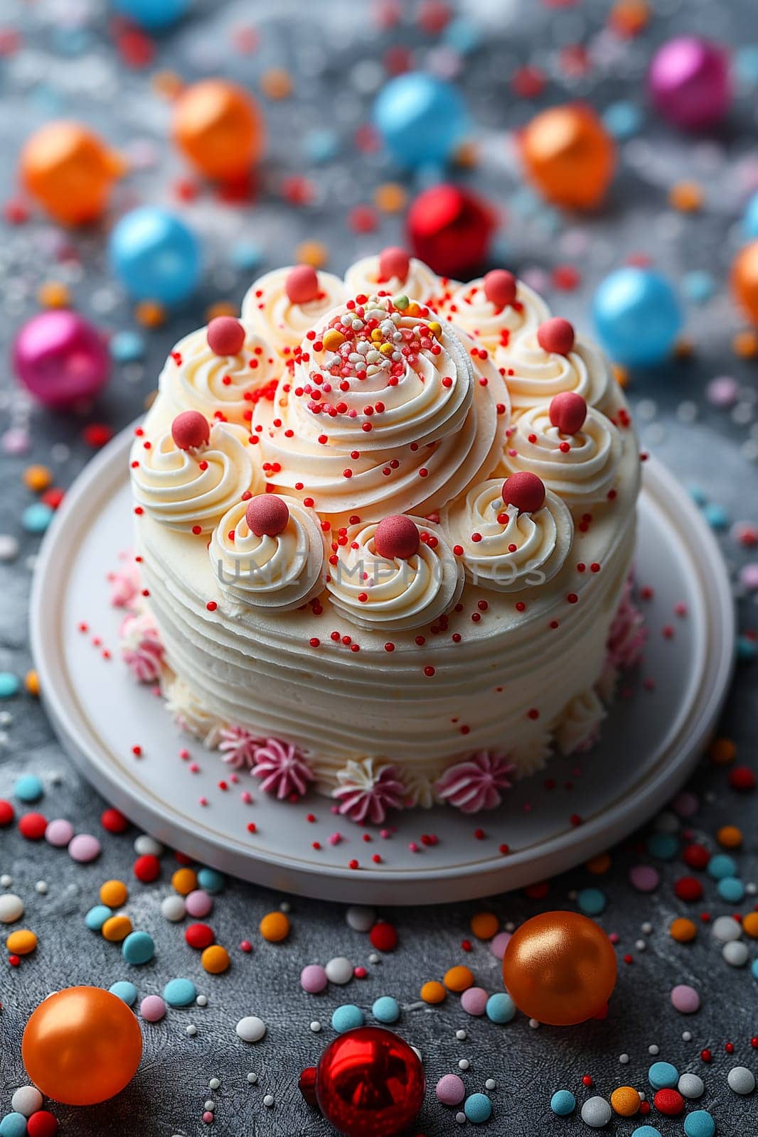 Colorful birthday cake with icing, frosting, and decorations, perfect for a celebration party