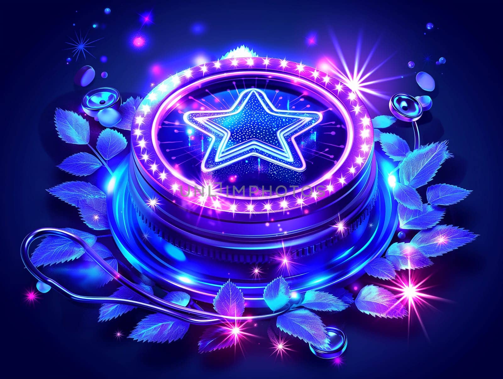 Neon star glowing with vibrant lights and blue decorative design surrounded by shiny leaves