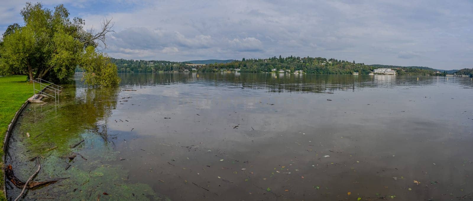 HDR panorama of landscape with water. Brno Dam - Czech Republic - city of Brno. Beautiful shot of nature. Concept for environment and ecology.
