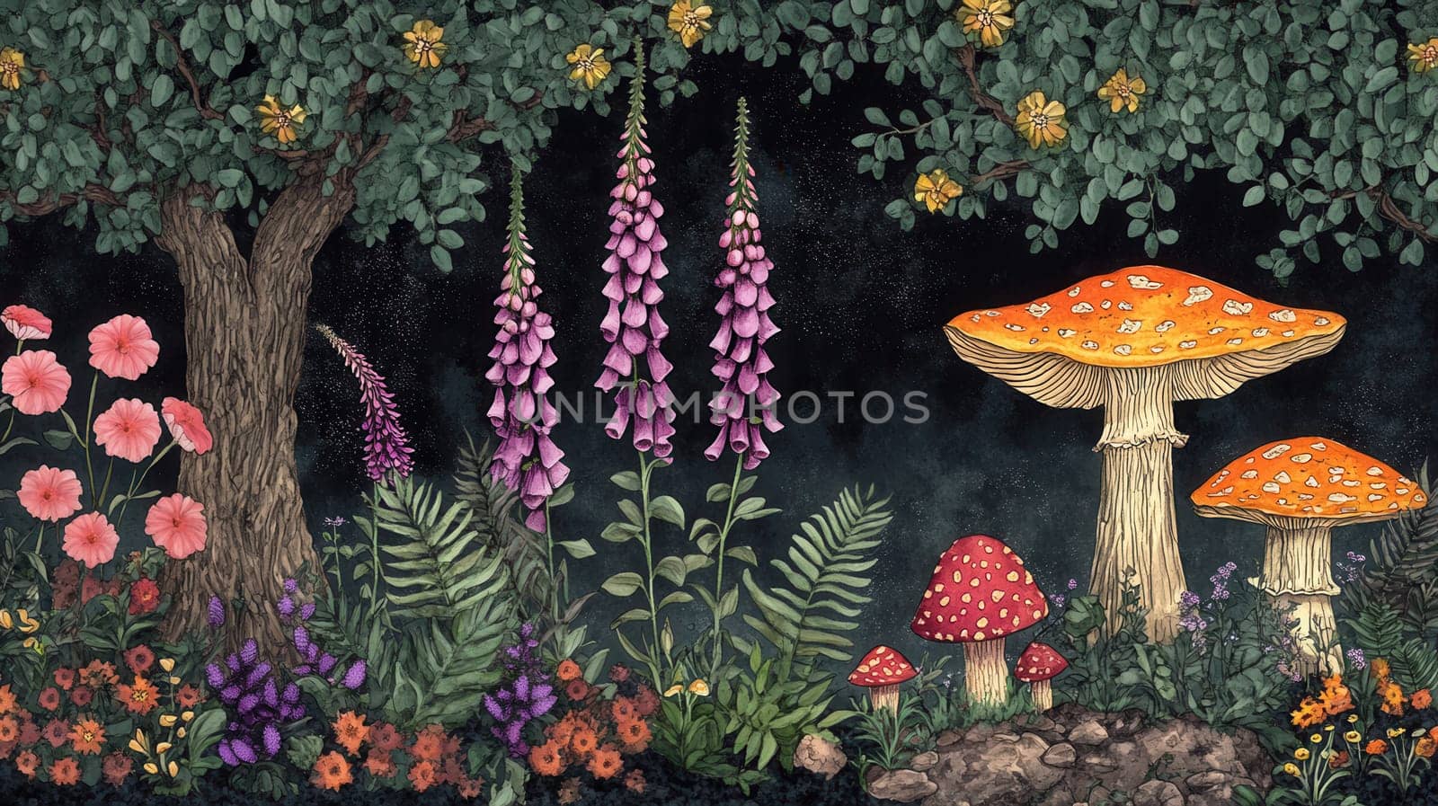 Detailed botanical illustration with mushrooms