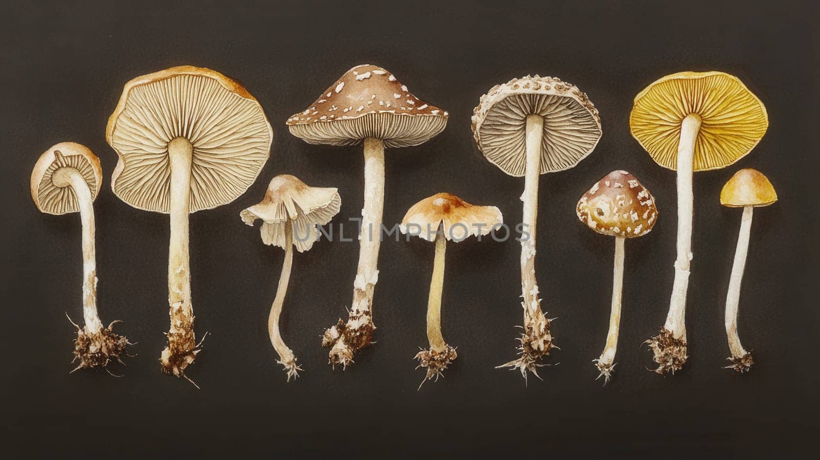 Detailed botanical drawing showcasing mushrooms