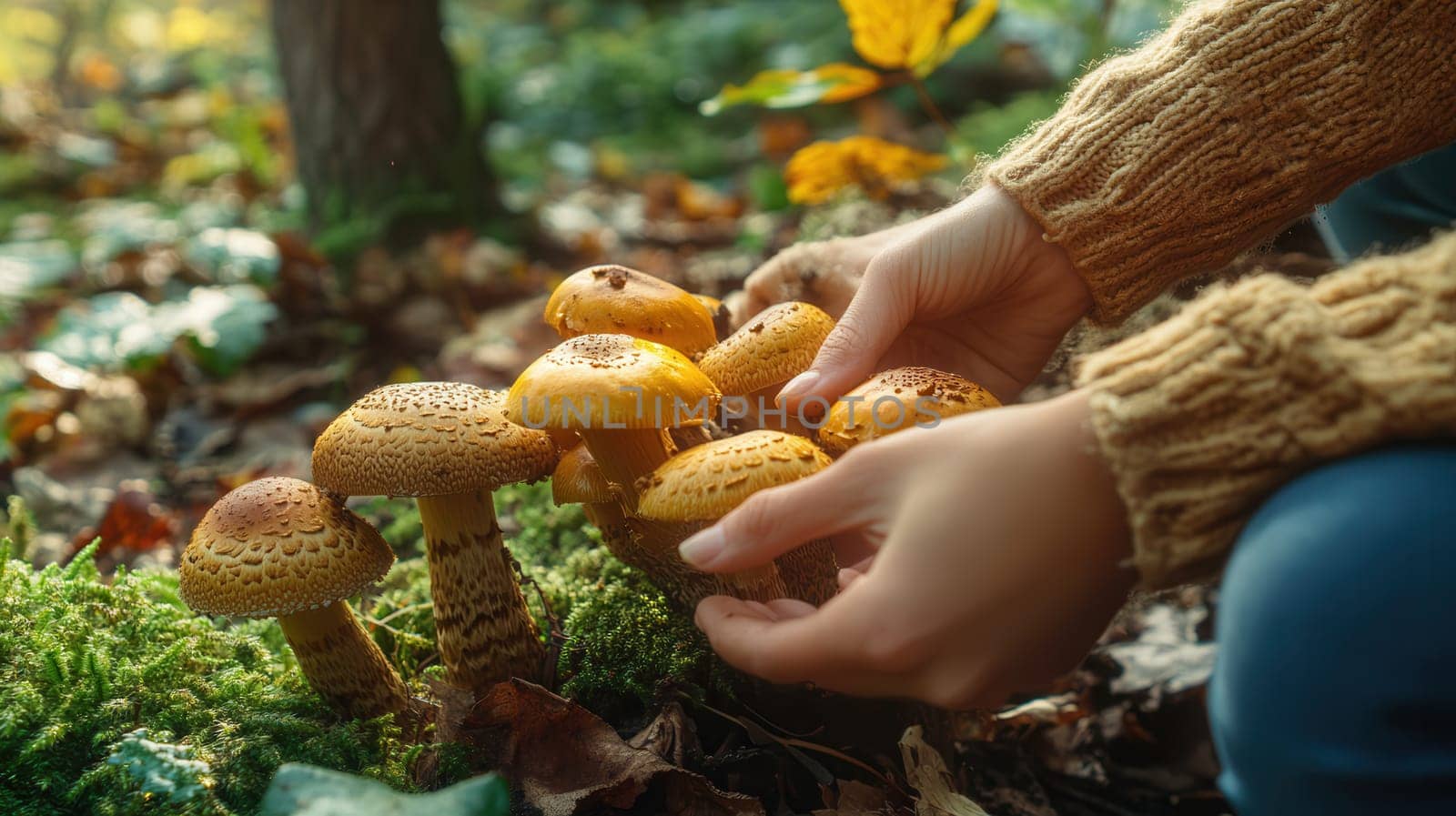 Wild mushroom foraging in the forest background