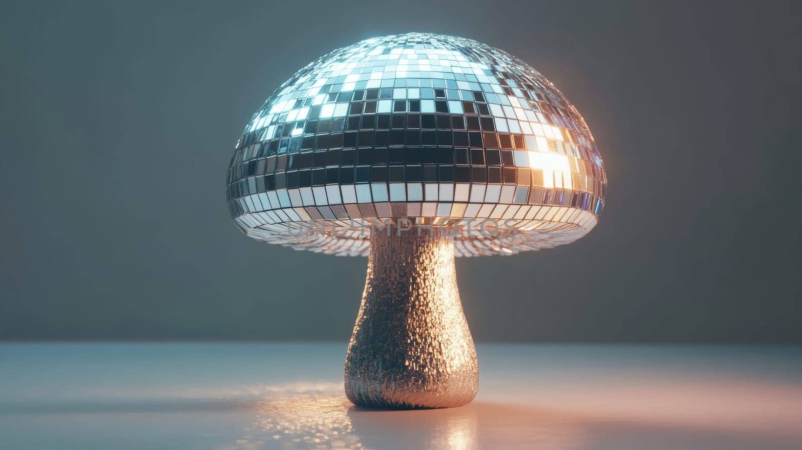 Disco ball shaped like a mushroom on a reflective surface.