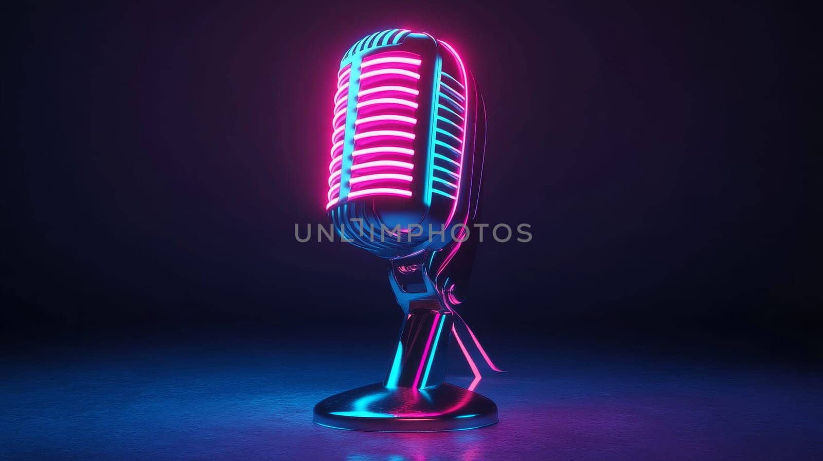 Retro microphone with neon lights, vintage style concept.