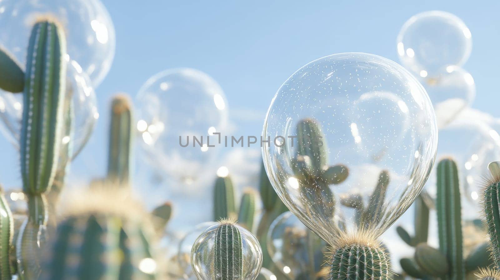 Cactus in desert with reflective bubble overlays, surreal nature concept.