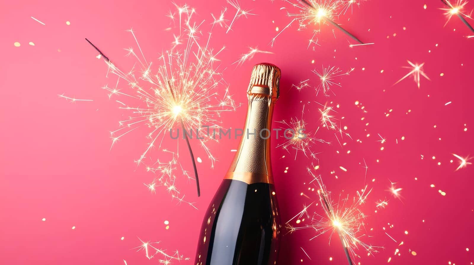 Champagne bottle with sparklers on pink background, festive celebration concept.