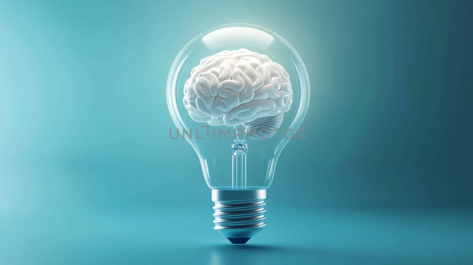 Brain inside a light bulb on teal background, innovation and creativity concept.