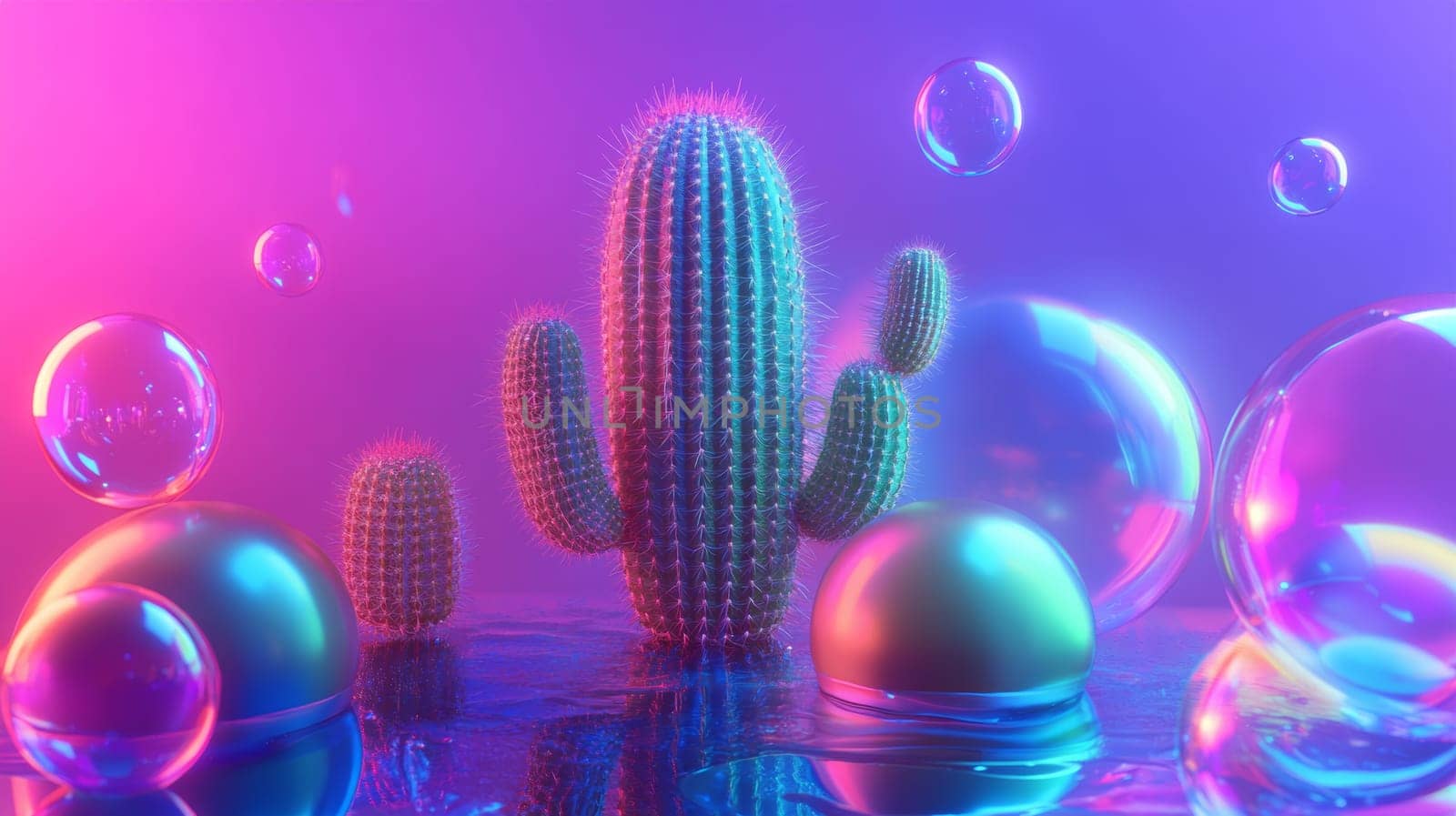 Neon cactus with bubbles and abstract background, vibrant colors. Futuristic art and nature concept.