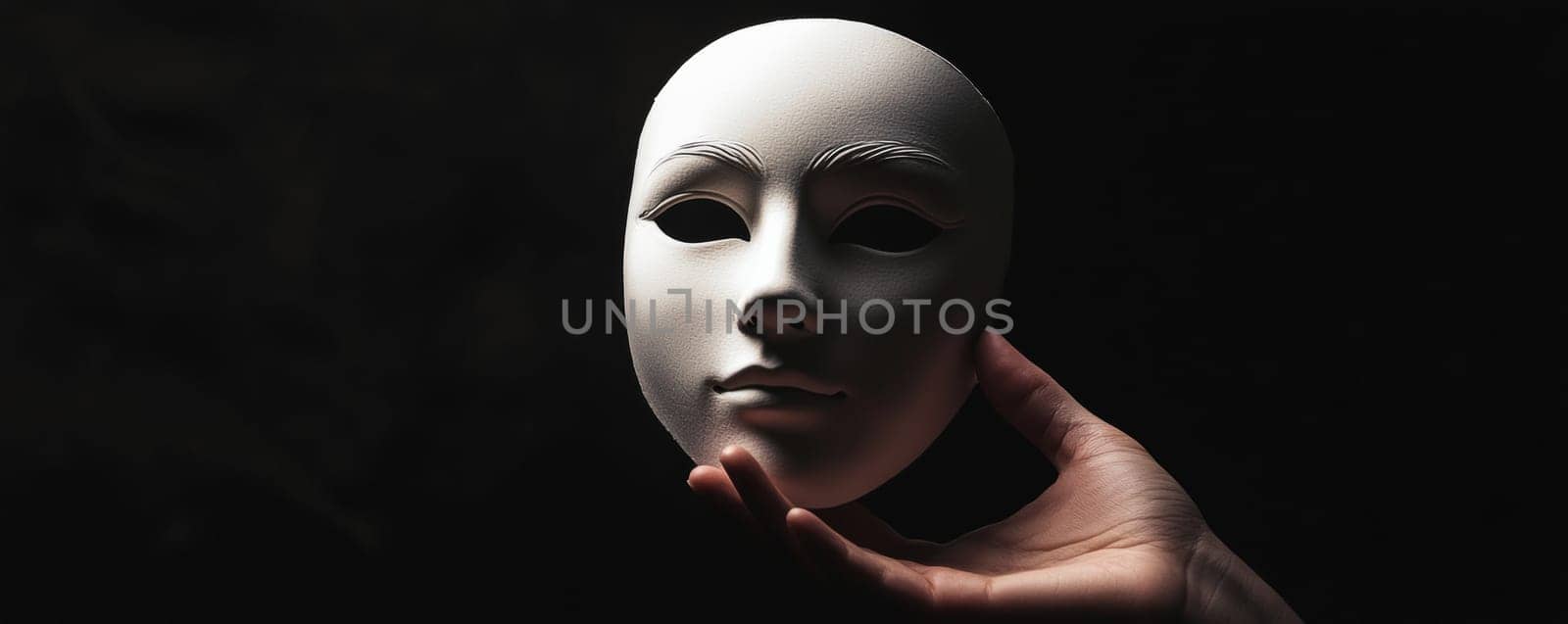 Hand holding a white mask against a dark background.