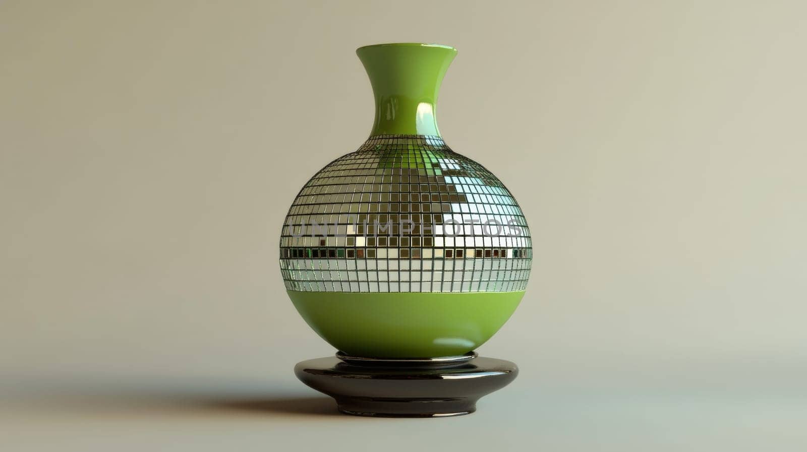 Green ceramic vase with mirrored mosaic on a neutral background. Modern art and design concept.