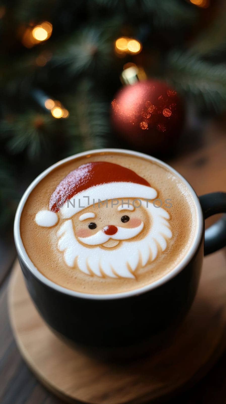 Santa claus latte art in black coffee cup with christmas decoration, festive holiday concept.