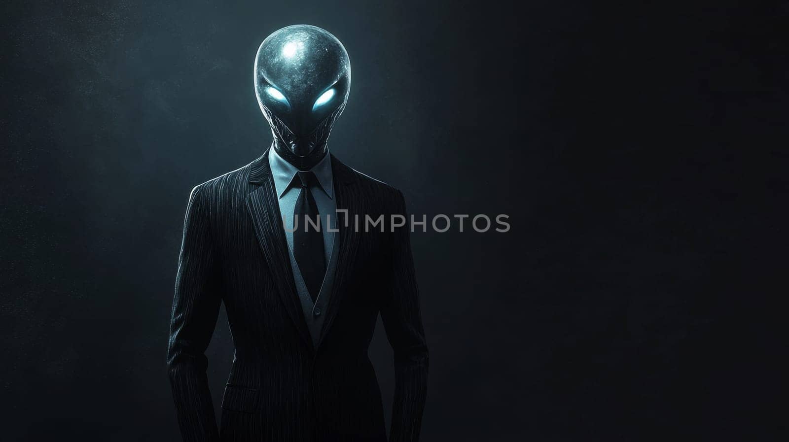 Alien figure in a suit with glowing eyes in dark atmosphere.