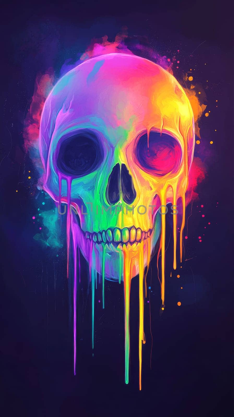 Colorful melting skull artwork in neon colors, surreal concept.