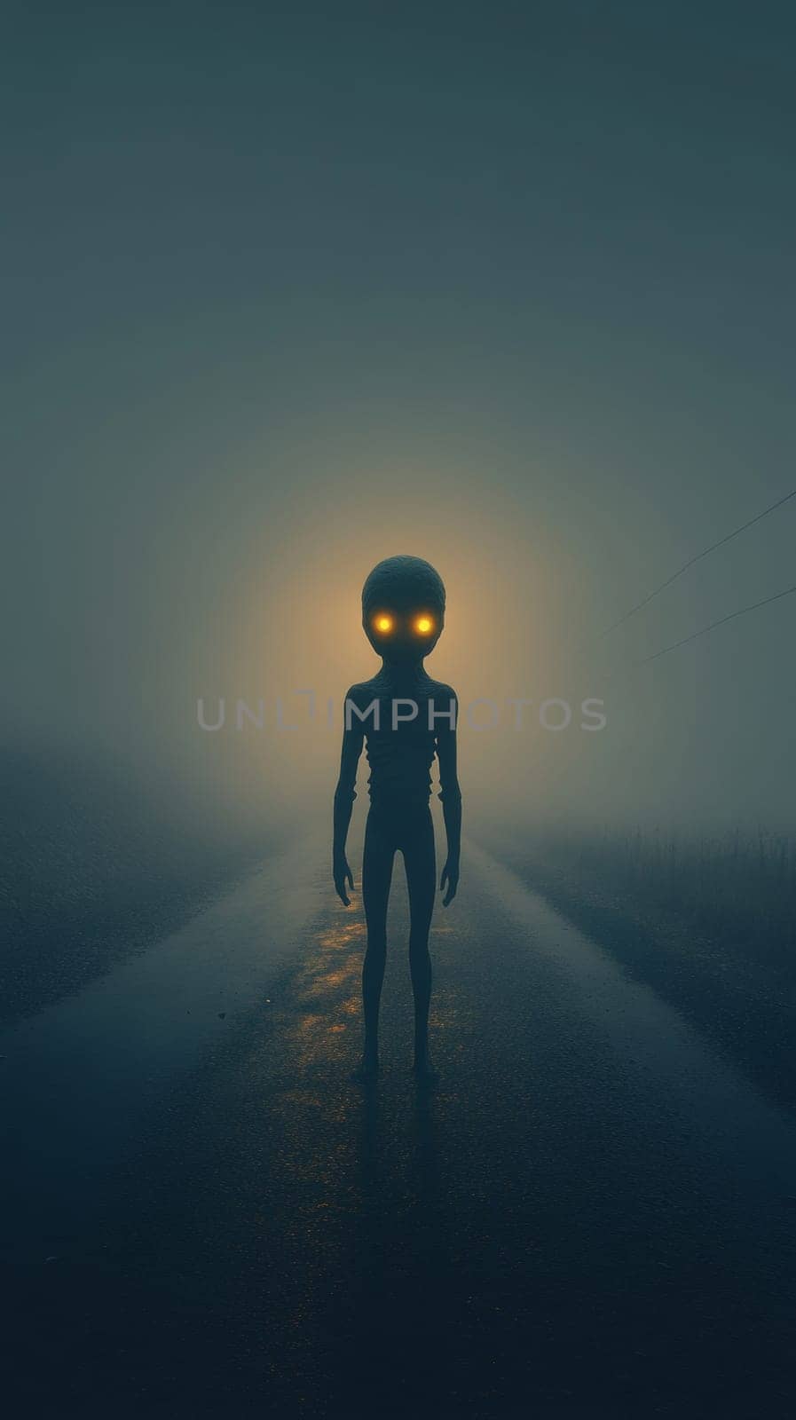 Alien figure with glowing eyes standing on foggy road at night, mysterious atmosphere. Science fiction and extraterrestrial concept.