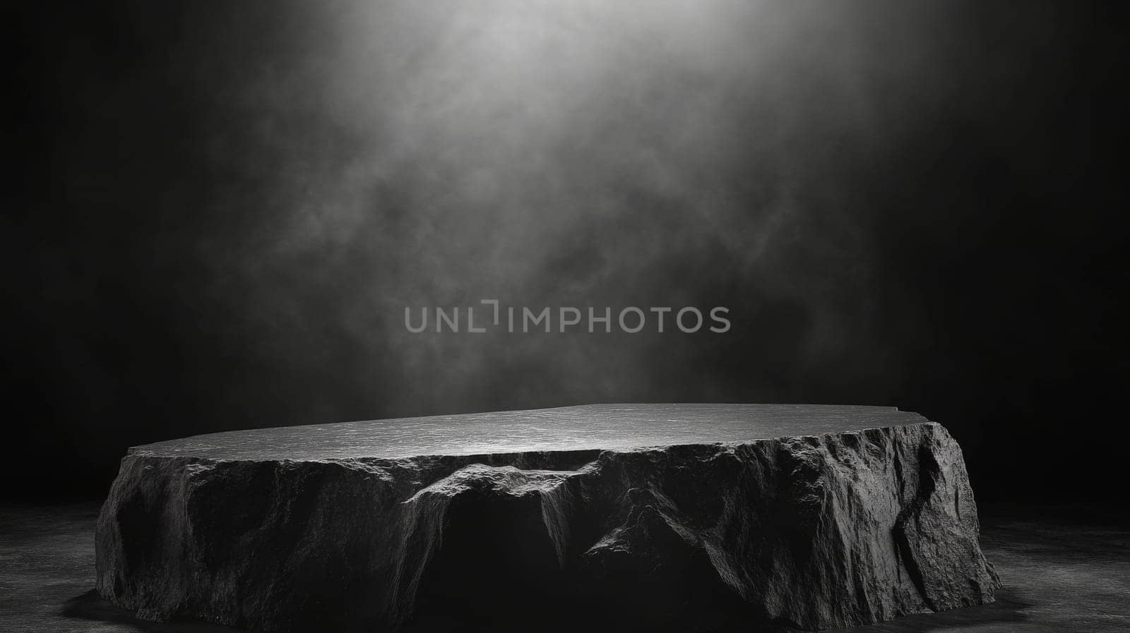 Stone pedestal in dark foggy environment, mysterious atmosphere concept.