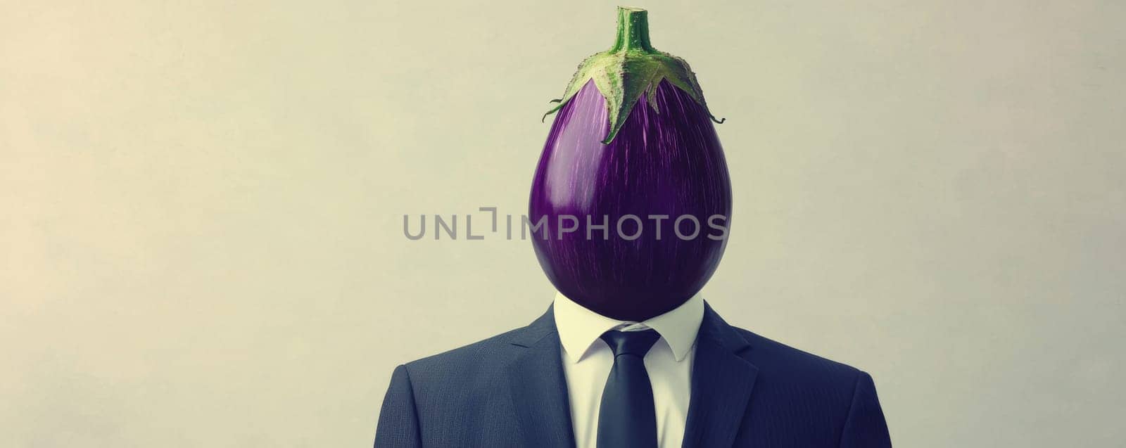 Businessman with eggplant head in suit, surreal concept.