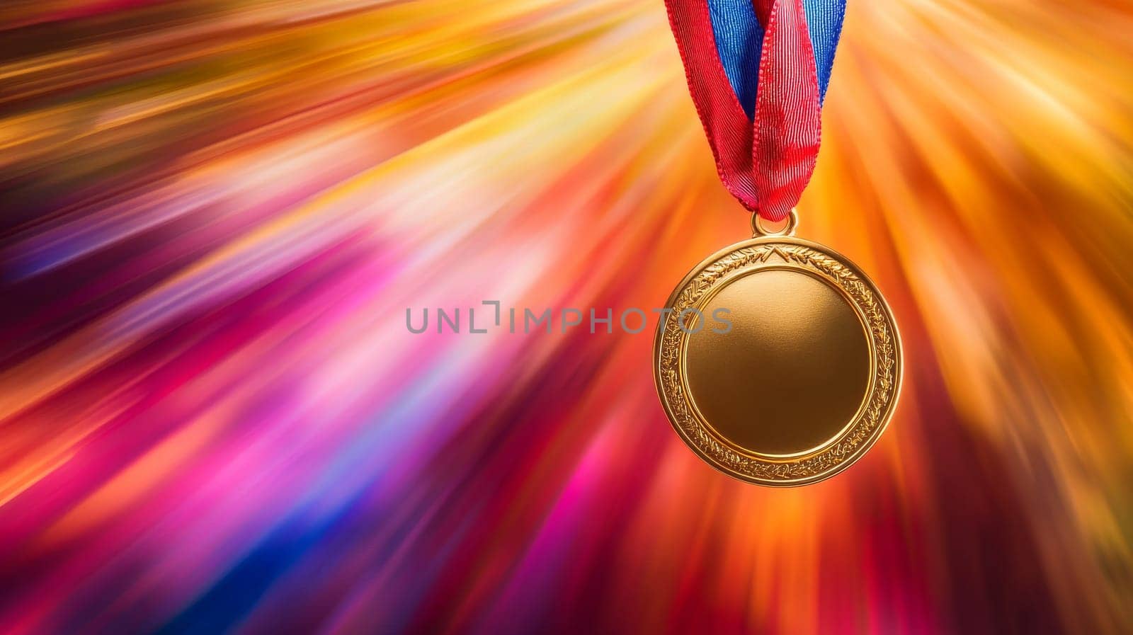Gold medal with red and blue ribbon on vibrant colorful background.