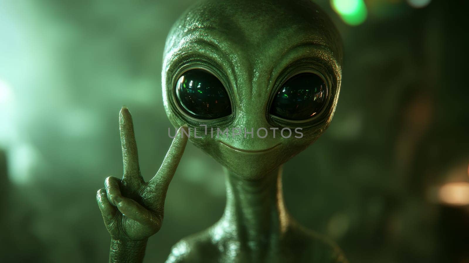 Alien with large eyes giving peace sign in green environment.
