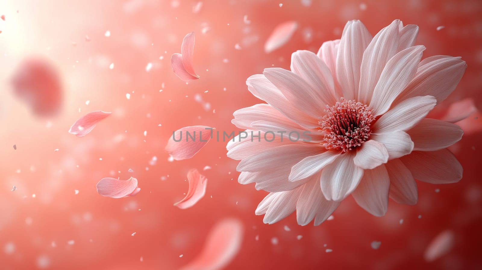 Pink gerbera daisy with falling petals, soft focus. Romantic floral and serenity concept.