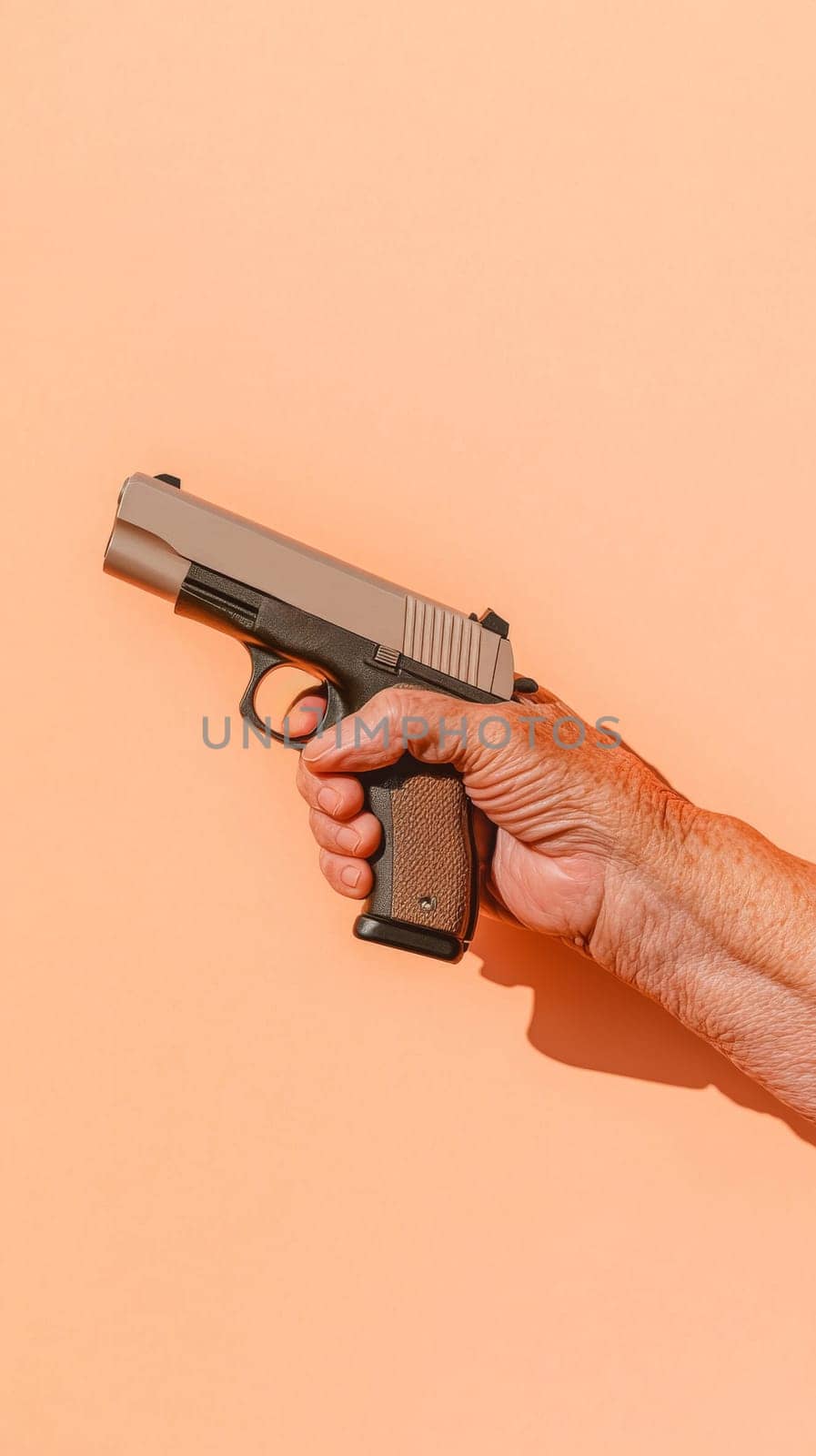 Hand holding a pistol on peach background, minimal composition. Self-defense and security concept.