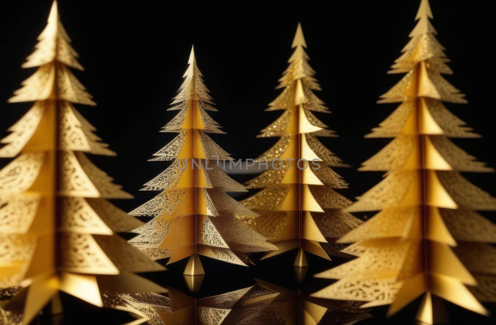 Golden cut out Christmas tree on a black background